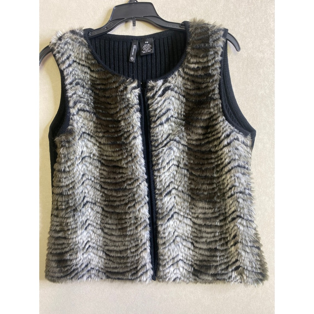 New Directions Petite Faux Fur Animal Print Ribbed Knit Back Vest Grey Black PM